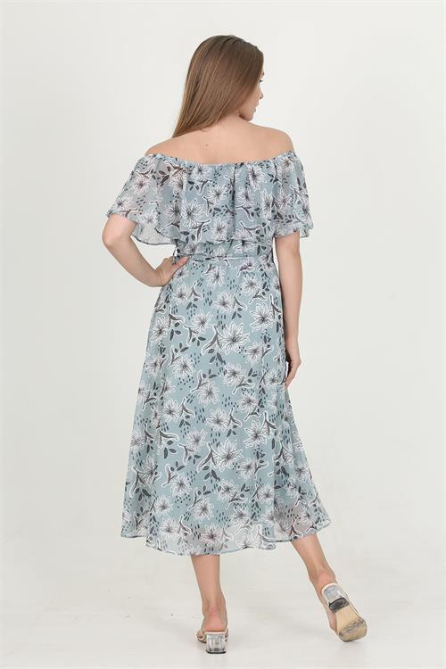 Dipmoda kadın madonna yaka kuşaklı desenli şifon elbise RY10037