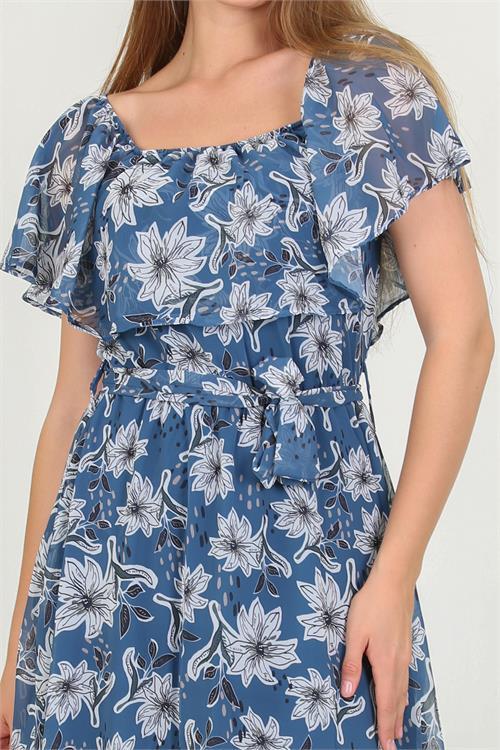 Dipmoda kadın madonna yaka kuşaklı desenli şifon elbise RY10037