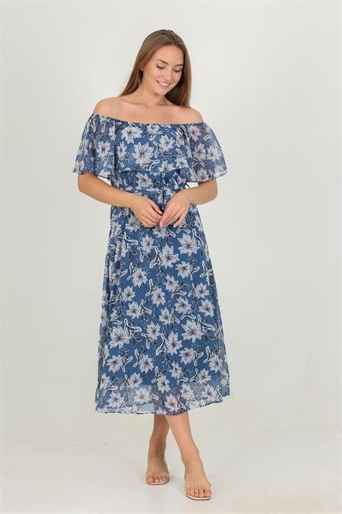 Dipmoda kadın madonna yaka kuşaklı desenli şifon elbise RY10037