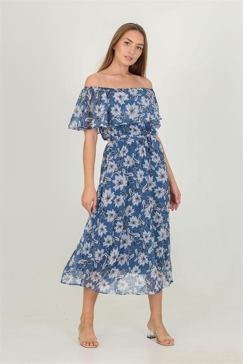 Dipmoda kadın madonna yaka kuşaklı desenli şifon elbise RY10037