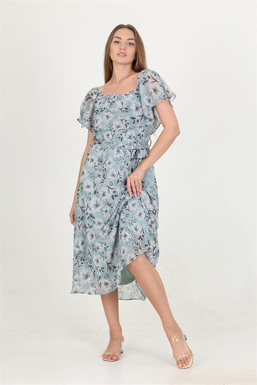 Dipmoda kadın madonna yaka kuşaklı desenli şifon elbise RY10037