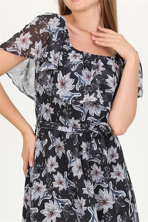 Dipmoda kadın madonna yaka kuşaklı desenli şifon elbise RY10037