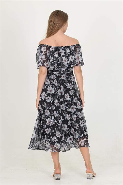 Dipmoda kadın madonna yaka kuşaklı desenli şifon elbise RY10037