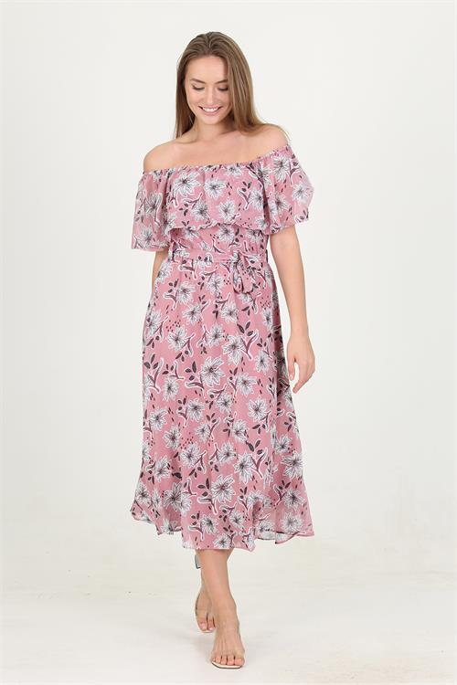 Dipmoda kadın madonna yaka kuşaklı desenli şifon elbise RY10037