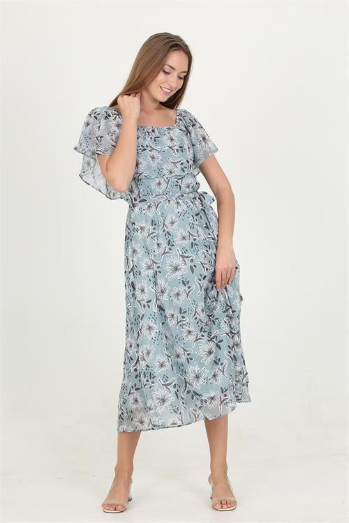 Dipmoda kadın madonna yaka kuşaklı desenli şifon elbise RY10037