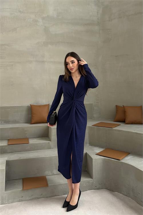 Dipmoda kadın mavi anvelop büzgülü simli premium midi elbise DPELB08