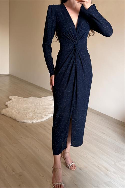 Dipmoda kadın mavi bel büzgü detaylı yırtmaçlı midi boy abiye elbise NM027