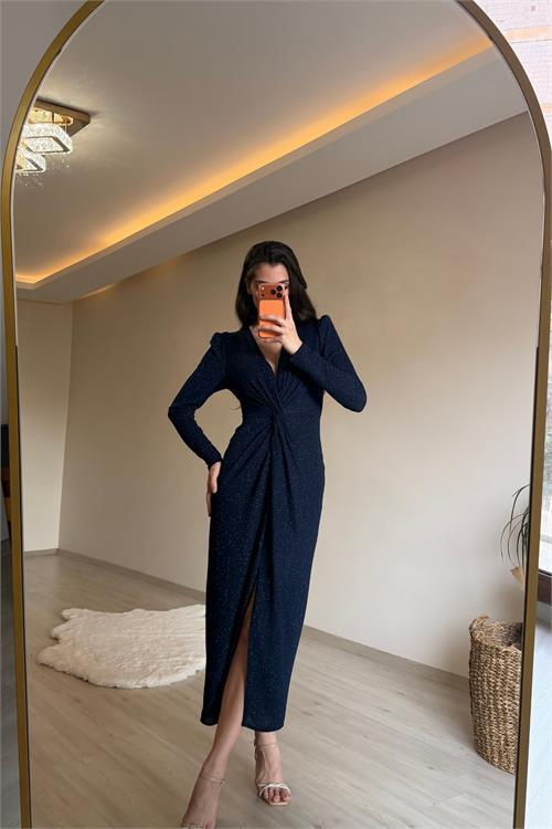 Dipmoda kadın mavi bel büzgü detaylı yırtmaçlı midi boy abiye elbise NM027