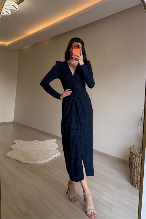 Dipmoda kadın mavi bel büzgü detaylı yırtmaçlı midi boy abiye elbise NM027