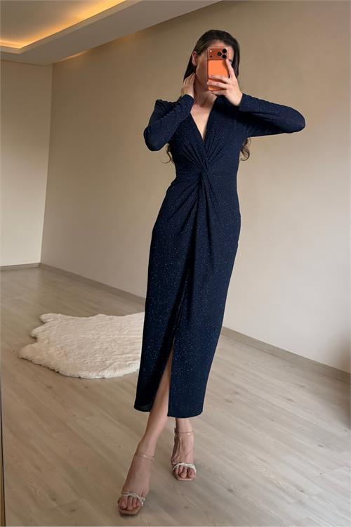 Dipmoda kadın mavi bel büzgü detaylı yırtmaçlı midi boy abiye elbise NM027