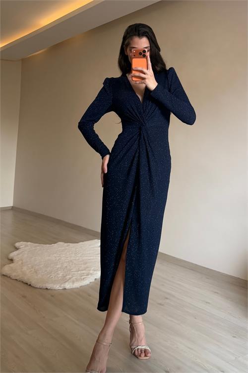 Dipmoda kadın mavi bel büzgü detaylı yırtmaçlı midi boy abiye elbise NM027