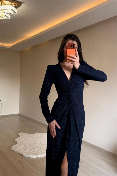 Dipmoda kadın mavi bel büzgü detaylı yırtmaçlı midi boy abiye elbise NM027