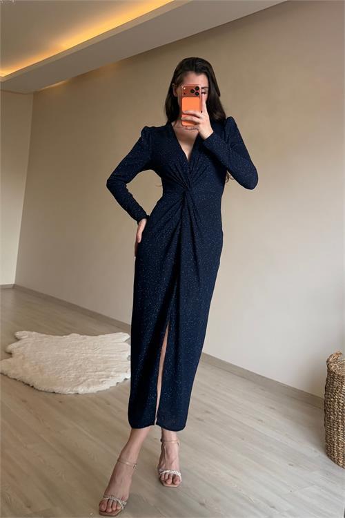 Dipmoda kadın mavi bel büzgü detaylı yırtmaçlı midi boy abiye elbise NM027