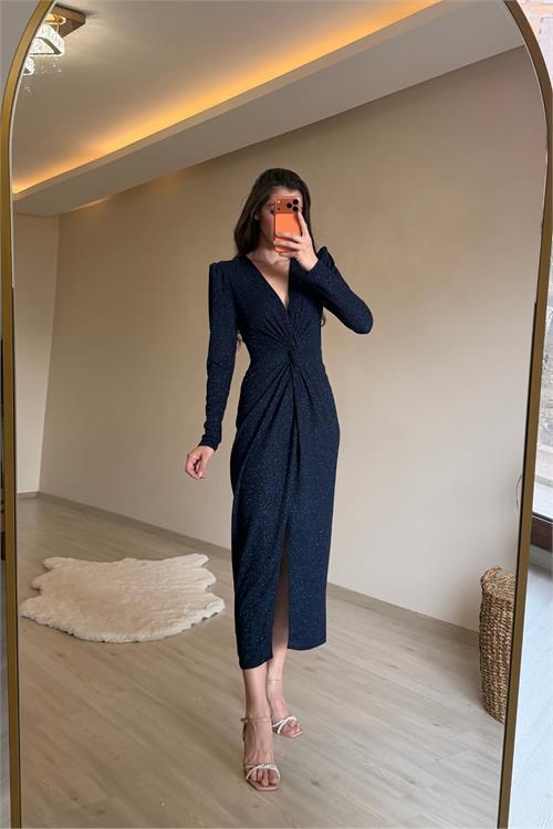 Dipmoda kadın mavi bel büzgü detaylı yırtmaçlı midi boy abiye elbise NM027