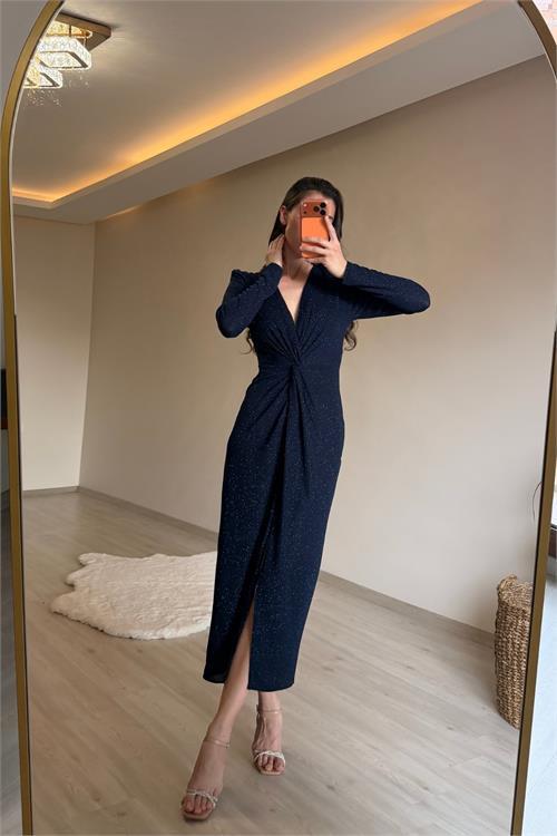Dipmoda kadın mavi bel büzgü detaylı yırtmaçlı midi boy abiye elbise NM027