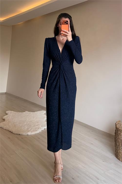Dipmoda kadın mavi bel büzgü detaylı yırtmaçlı midi boy abiye elbise NM027