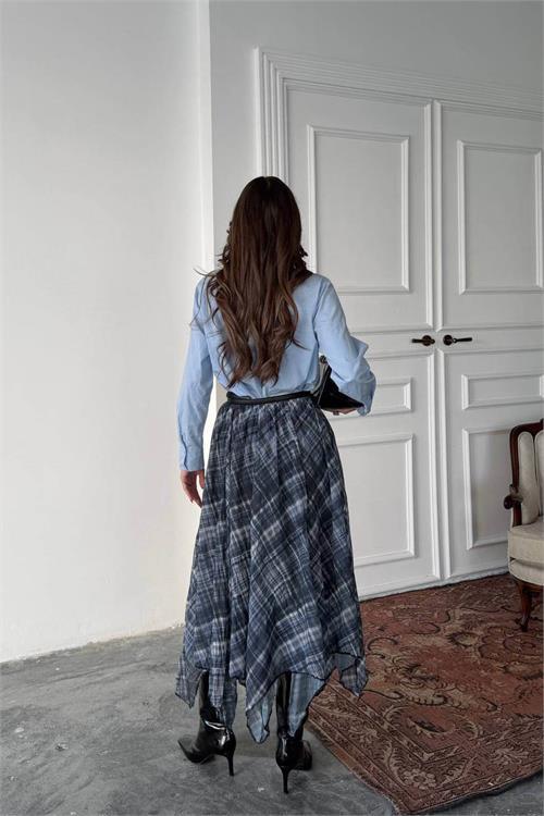 Dipmoda kadın mavi desenli asimetrik kesim yırtmaçlı şifon tam boy etek DPG124