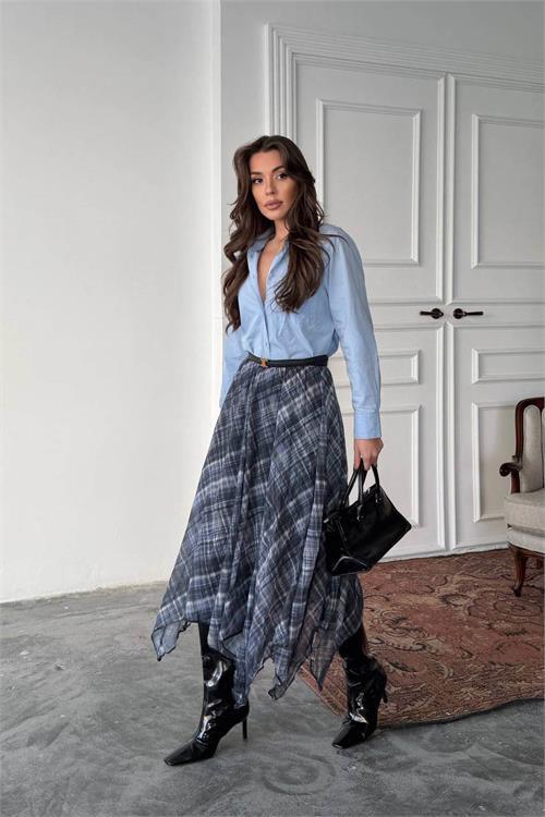 Dipmoda kadın mavi desenli asimetrik kesim yırtmaçlı şifon tam boy etek DPG124