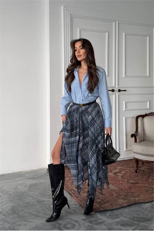 Dipmoda kadın mavi desenli asimetrik kesim yırtmaçlı şifon tam boy etek DPG124