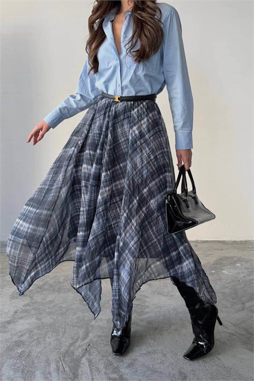 Dipmoda kadın mavi desenli asimetrik kesim yırtmaçlı şifon tam boy etek DPG124