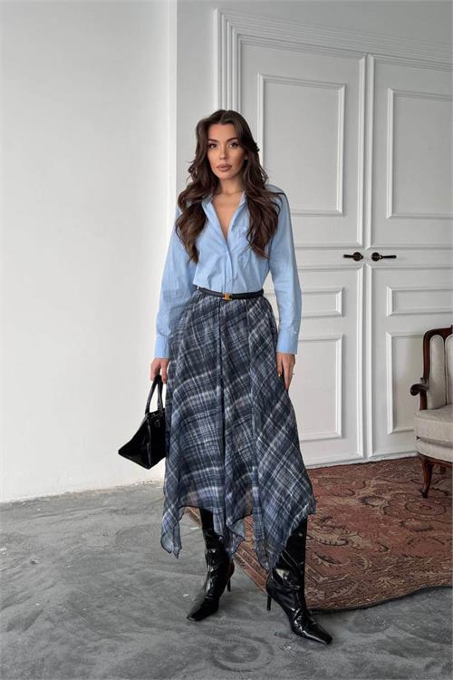 Dipmoda kadın mavi desenli asimetrik kesim yırtmaçlı şifon tam boy etek DPG124