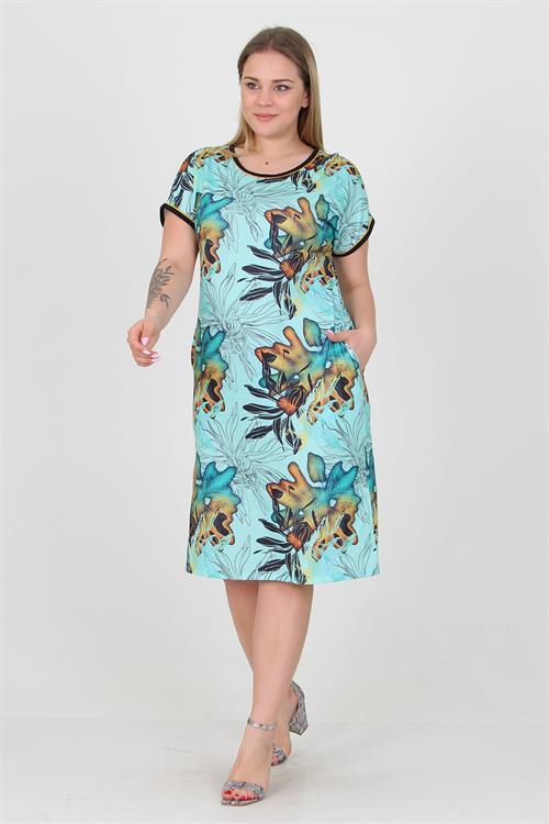 Dipmoda kadın mavi desenli büyük beden yazlık viskon elbise AYSL36 