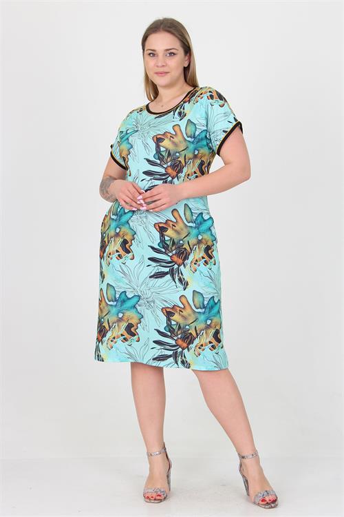 Dipmoda kadın mavi desenli büyük beden yazlık viskon elbise AYSL36 