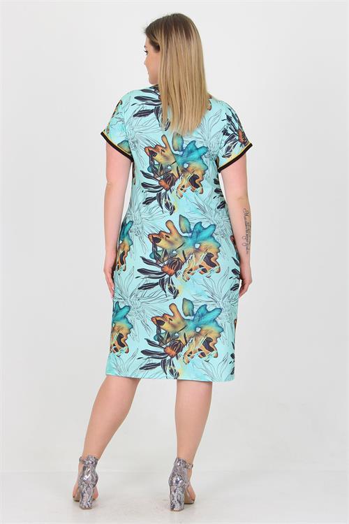 Dipmoda kadın mavi desenli büyük beden yazlık viskon elbise AYSL36 