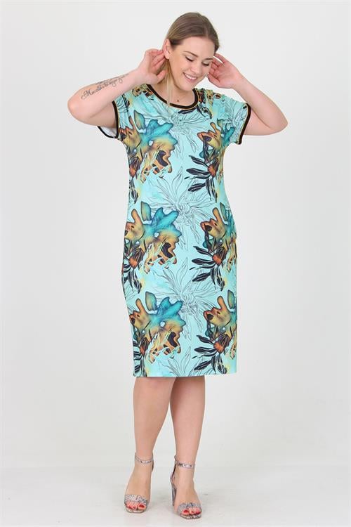 Dipmoda kadın mavi desenli büyük beden yazlık viskon elbise AYSL36 