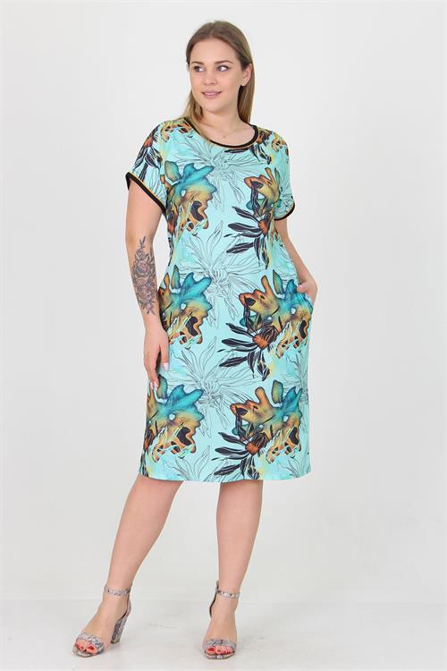 Dipmoda kadın mavi desenli büyük beden yazlık viskon elbise AYSL36 