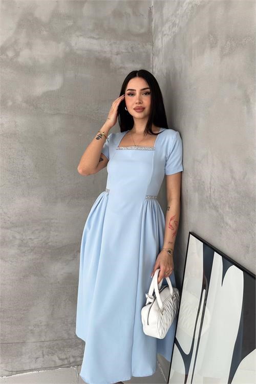 Dipmoda kadın mavi kare yaka taş detaylı etek drapeli midi boy elbise ---- DPK4621