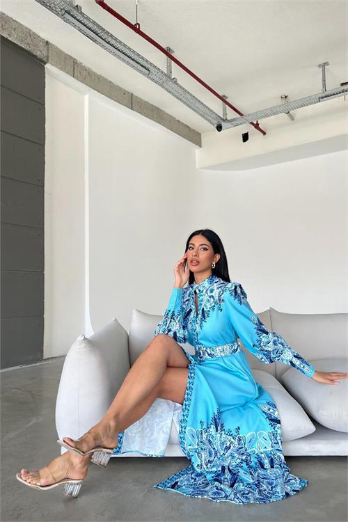 Dipmoda kadın mavi kemerli tasarım elbise DPMS4277