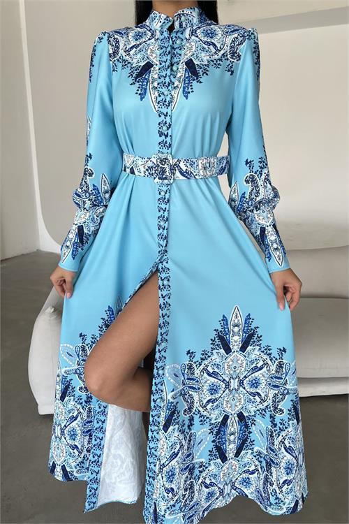 Dipmoda kadın mavi kemerli tasarım elbise DPMS4277