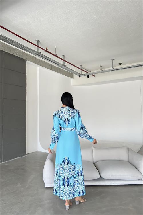 Dipmoda kadın mavi kemerli tasarım elbise DPMS4277