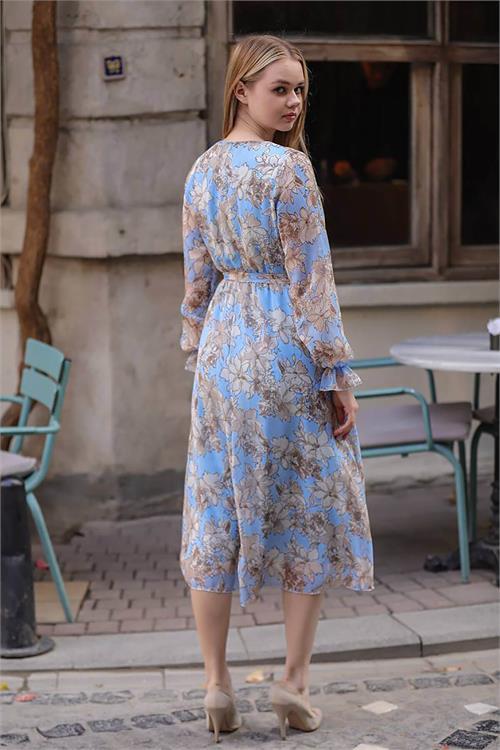 Dipmoda kadın mavi kruvaze yaka çiçek desenli midi elbise RSSN29 