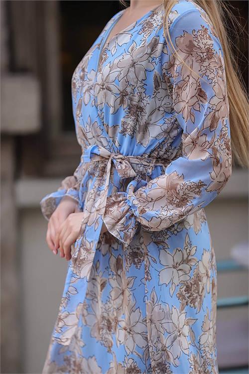 Dipmoda kadın mavi kruvaze yaka çiçek desenli midi elbise RSSN29 