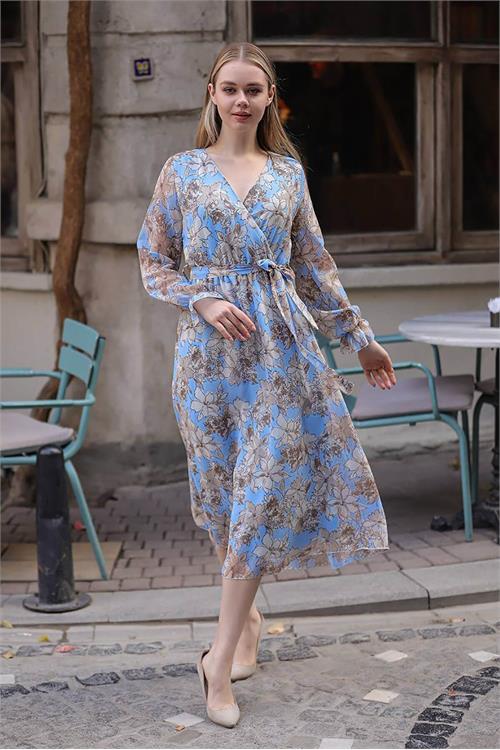 Dipmoda kadın mavi kruvaze yaka çiçek desenli midi elbise RSSN29 