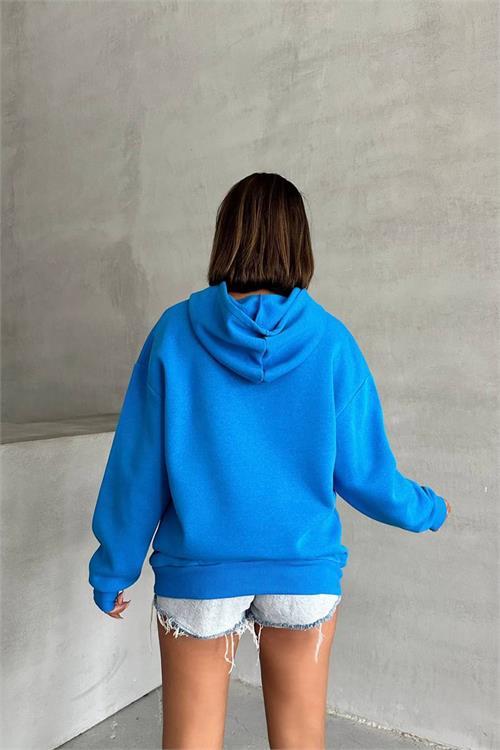 Dipmoda kadın mavi nakış detaylı kapuşonlu kışlık sweat NBG032 