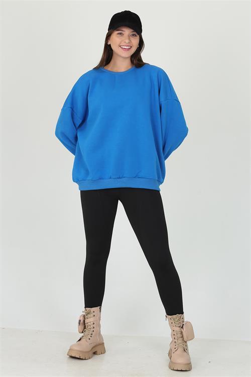 Dipmoda kadın mavi oversize bisiklet yaka şardonlu sweatshirt FVR001 