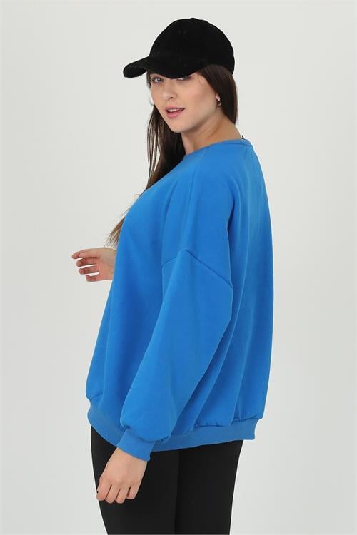 Dipmoda kadın mavi oversize bisiklet yaka şardonlu sweatshirt FVR001 