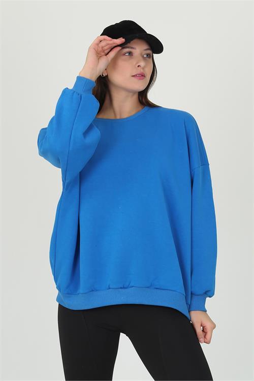 Dipmoda kadın mavi oversize bisiklet yaka şardonlu sweatshirt FVR001 