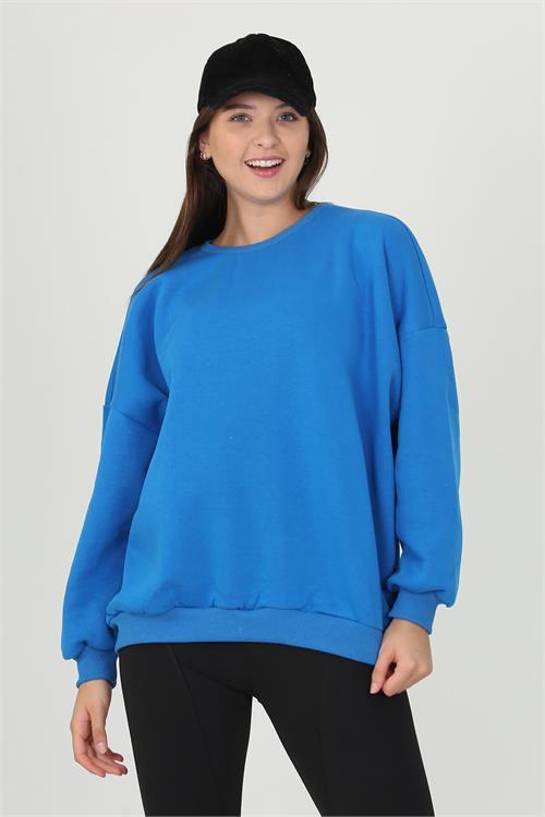 Dipmoda kadın mavi oversize bisiklet yaka şardonlu sweatshirt FVR001 