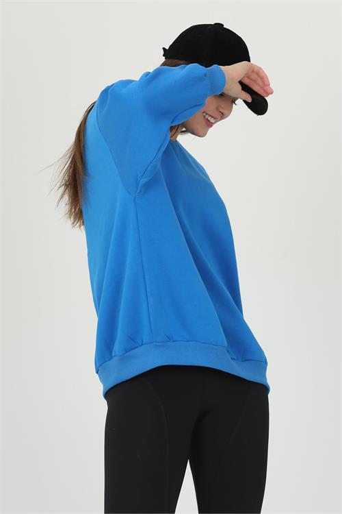 Dipmoda kadın mavi oversize bisiklet yaka şardonlu sweatshirt FVR001 