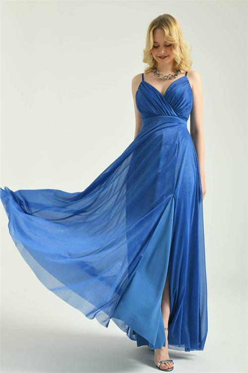 Dipmoda kadın Mavi simli tül kumaş askılı uzun abiye DPS9276