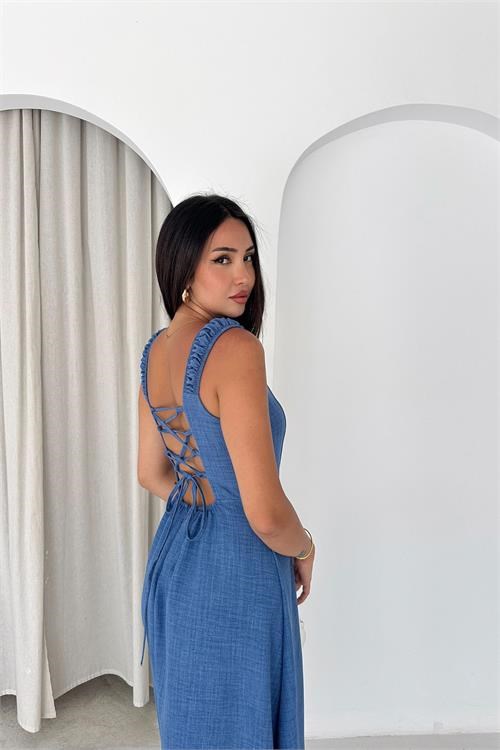 Dipmoda kadın mavi sırt bağcıklı askılı midi boy kare yaka elbise DPK4672