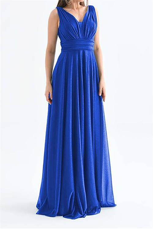 Dipmoda kadın mavi v yaka simli tül abiye elbise DPS9223