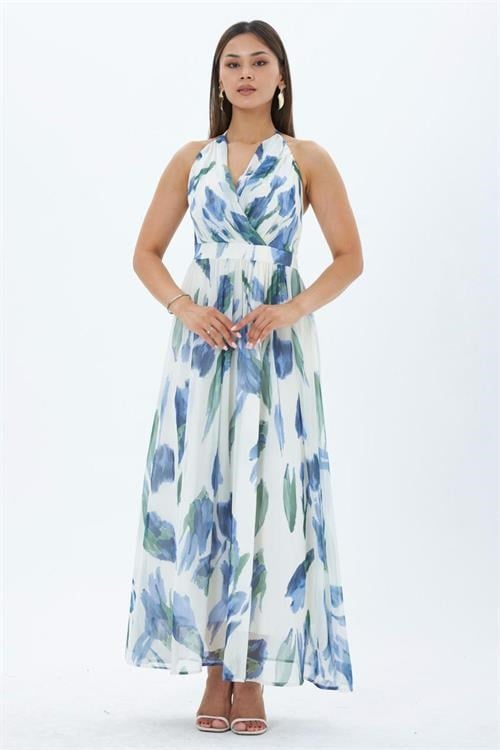Dipmoda kadın mavi yaprak desen halter yaka maxi boy elbise DPMY4122