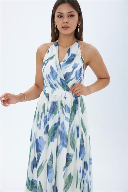 Dipmoda kadın mavi yaprak desen halter yaka maxi boy elbise DPMY4122