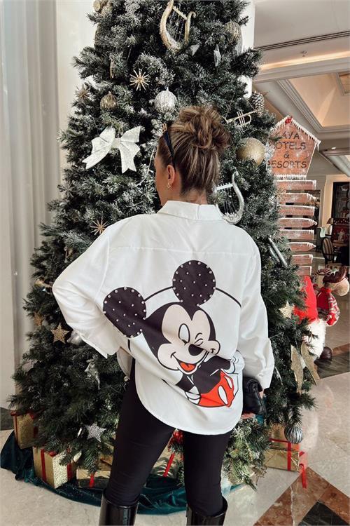 Dipmoda kadın micky baskılı taş detaylı gömlek DPNBASP6866