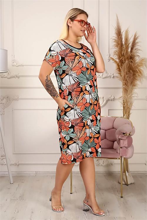 Dipmoda kadın midi boy büyük beden elbise AYSL42 - Çok Renkli 